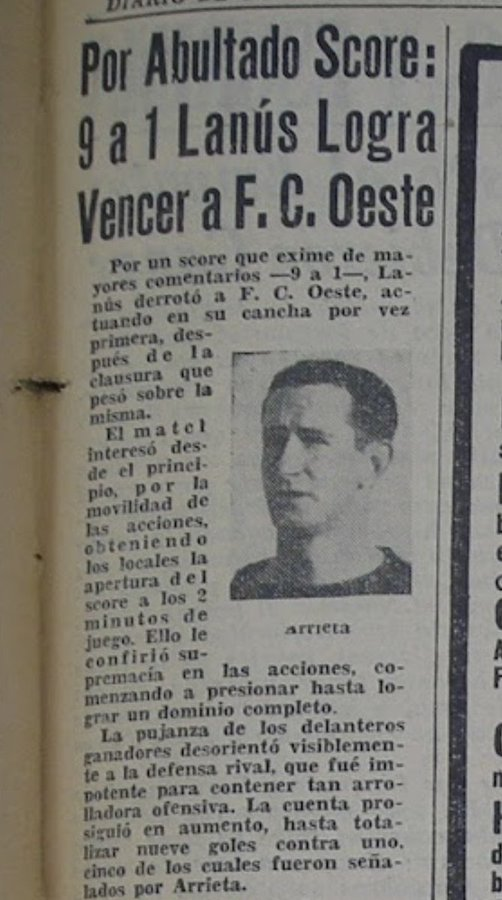 #UnDíaComoHoy [1939] 🗓️  Derrota más abultada de la historia de #Ferro: 1️⃣-9️⃣ de visita 🆚 Lanús. Alberto Marcolini, ex tenista y luego periodista deportivo, fue nuestro arquero esa tarde. Un mismo jugador de Lanús le hizo cinco goles: Luis Arrieta, más tarde jugador nuestro