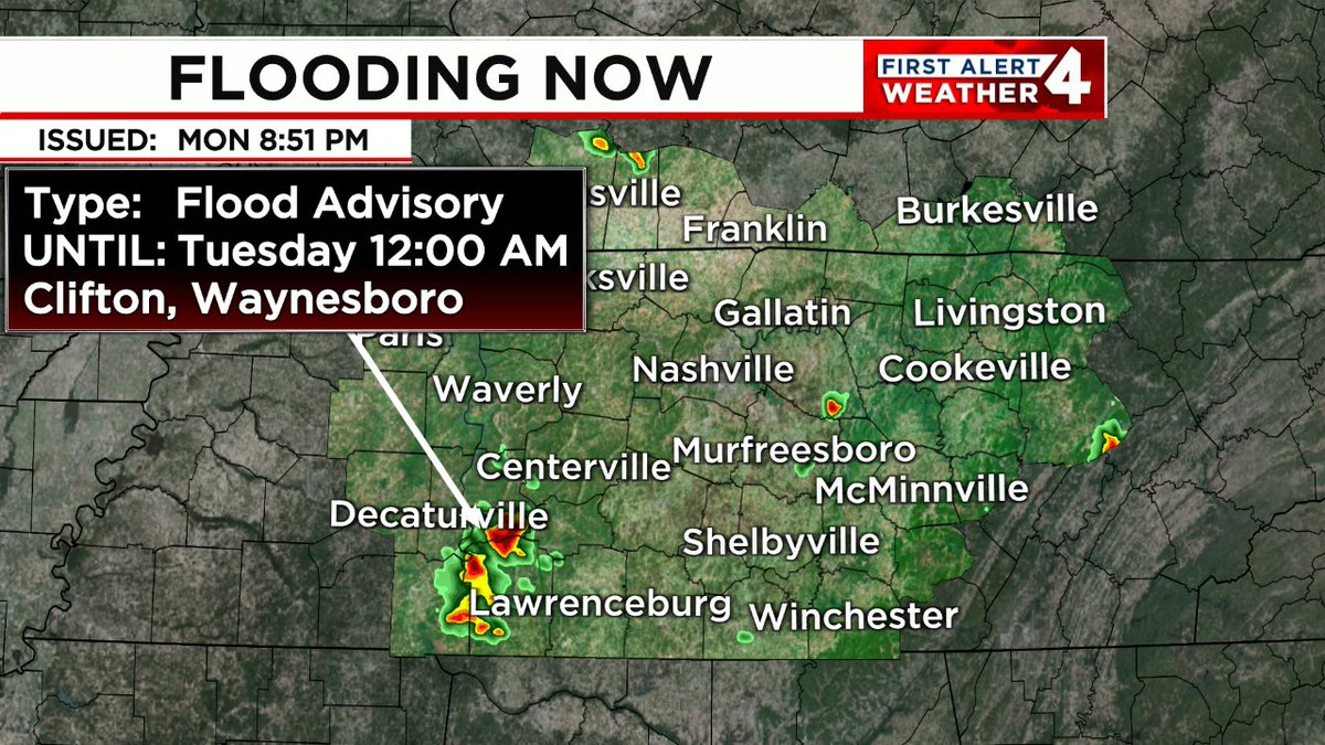 WSMV's tweet image. FLOODING IS OCCURRING. Turn around, don't drown! In the event of rising water, seek higher ground immediately. Tune to WSMV4 for the latest on this dangerous situation. #FirstAlert