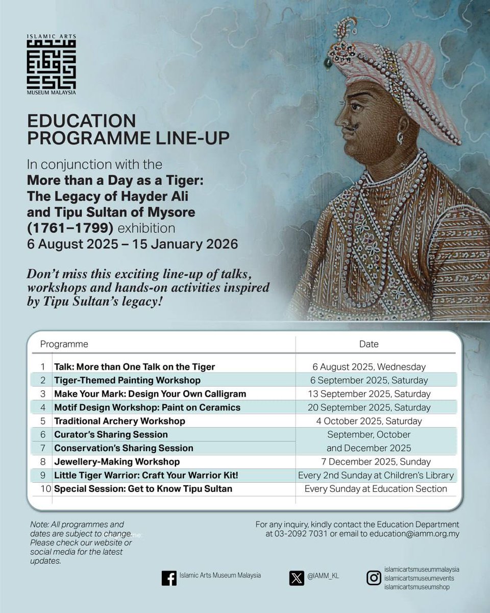 🎉 In conjunction with our upcoming special exhibition, don’t miss a line-up of exciting workshops, talks &amp; hands-on activities at IAMM!
🗓️ Aug–Dec 2025
📍 Islamic Arts Museum Malaysia
👉 Sundays, weekends &amp; more!