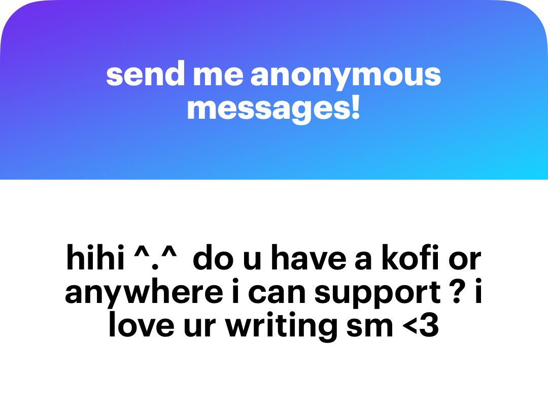 curiositysmuse's tweet image. hi, thanks for reading and enjoying :)
i don’t currently have one, but if it’s something ppl are interested in, i can look into setting one up! (let me just discuss with my moots who actually have it first bc i’m slightly technologically illiterate 🥲)