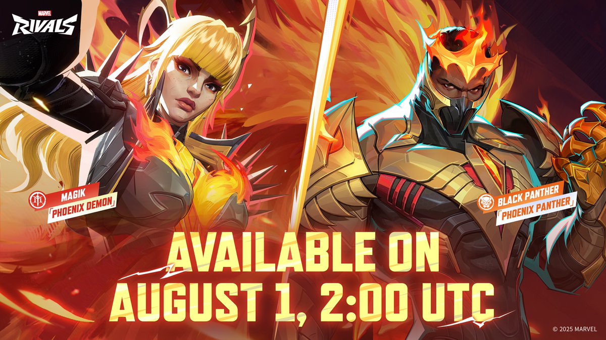 mmmmmmmmiller's tweet image. ‼️ WEEKLY IN-GAME STORE UPDATE (8/1)
🆕 Magik: Phoenix Demon (Phoenix Force)
🆕 Black Panther: Phoenix Panther (Phoenix Force)
#MarvelRivals