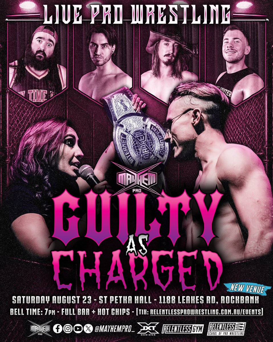 Mayhem Pro (@mayhempro_) on Twitter photo Mayhem Pro presents: GUILTY AS CHARGED
A huge night of Live Pro Wrestling featuring an Internet Championship match between
<a href="/DreamtimeReid/">Erika Reid - エリカ・リード ❤️💛🖤</a> v <a href="/LochyHendricks/">“The Aspirationalist” Lochy Hendricks</a>
SAT August 23
St.Petka Hall
1188 Leakes Rd, Rockbank
Bell time 7pm
Full Bar & HOT CHIPS
🎟️relentlessprowrestling.com.au/events Mayhem Pro presents: GUILTY AS CHARGED
A huge night of Live Pro Wrestling featuring an Internet Championship match between
<a href="/DreamtimeReid/">Erika Reid - エリカ・リード ❤️💛🖤</a> v <a href="/LochyHendricks/">“The Aspirationalist” Lochy Hendricks</a>
SAT August 23
St.Petka Hall
1188 Leakes Rd, Rockbank
Bell time 7pm
Full Bar & HOT CHIPS
🎟️relentlessprowrestling.com.au/events