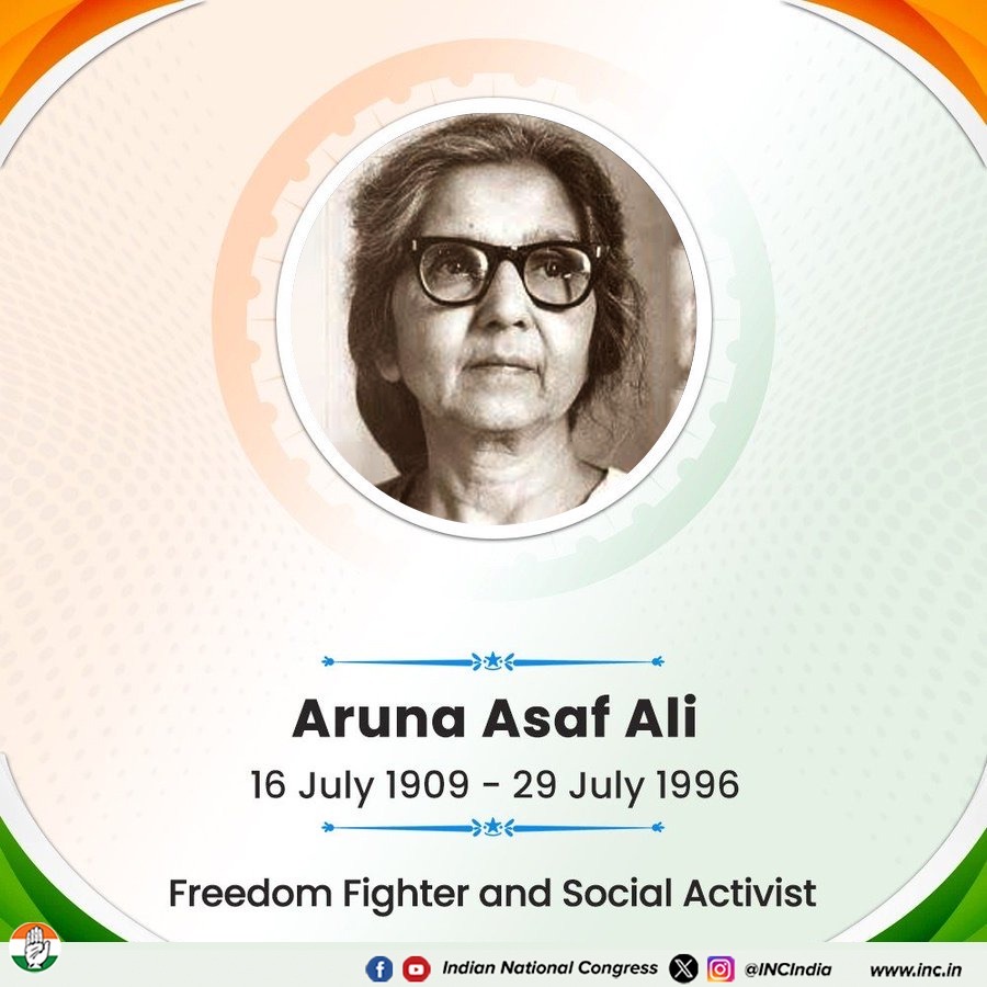 INCJharkhand_'s tweet image. On her death anniversary, we pay tribute to Aruna Asaf Ali, an icon of India’s freedom struggle, who bravely hoisted the Indian National Flag during the Quit India Movement.

Her courage, sacrifice, and unwavering commitment to justice remain a guiding light for generations.