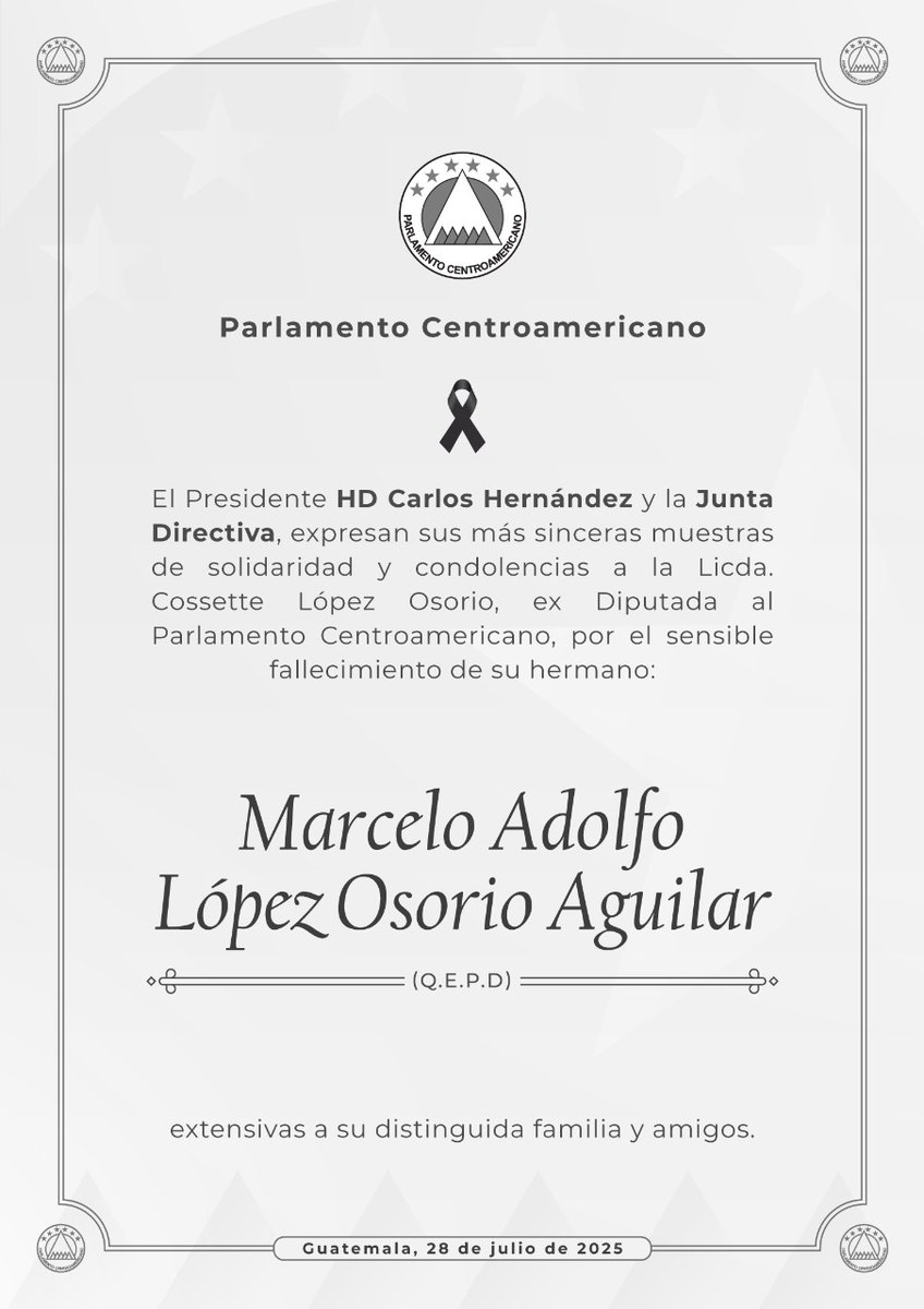 PARLACEN (@parlacen) on Twitter photo Condolencias y muestras de solidaridad del Presidente <a href="/PARLACEN/">PARLACEN</a> HD Carlos Hernández  y Junta Directiva con Ex Diputada Licenciada Cossette López Osorio, por el fallecimiento de su hermano Marcelo Adolfo López Osorio (QEPD) Condolencias y muestras de solidaridad del Presidente <a href="/PARLACEN/">PARLACEN</a> HD Carlos Hernández  y Junta Directiva con Ex Diputada Licenciada Cossette López Osorio, por el fallecimiento de su hermano Marcelo Adolfo López Osorio (QEPD)