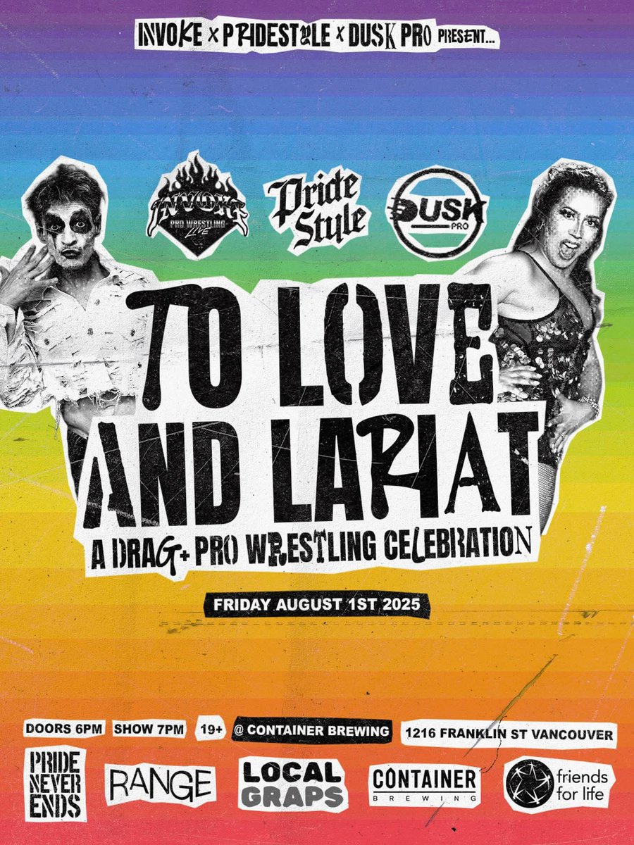 ProWrestlingHub (@prowrestlehub) on Twitter photo This Friday we see one big celebration of pro wrestling and drag π π
<a href="/InvokePWL/">InvokeProWrestling</a> x <a href="/PrideStylePro/">PrideStyle π€ Inclusive Pro Wrestling</a> x <a href="/DUSK_ProWres/">DUSK Pro</a> present To Love and Lariat, where there will be a 50/50 with proceeds going to <a href="/VanFFL/">The Vancouver Friends For Life Society</a>
π
Fri, August 1
π 7pm
π Container Brewing
π ticketweb.ca/event/to-love-β¦ This Friday we see one big celebration of pro wrestling and drag π π
<a href="/InvokePWL/">InvokeProWrestling</a> x <a href="/PrideStylePro/">PrideStyle π€ Inclusive Pro Wrestling</a> x <a href="/DUSK_ProWres/">DUSK Pro</a> present To Love and Lariat, where there will be a 50/50 with proceeds going to <a href="/VanFFL/">The Vancouver Friends For Life Society</a>
π
Fri, August 1
π 7pm
π Container Brewing
π ticketweb.ca/event/to-love-β¦
