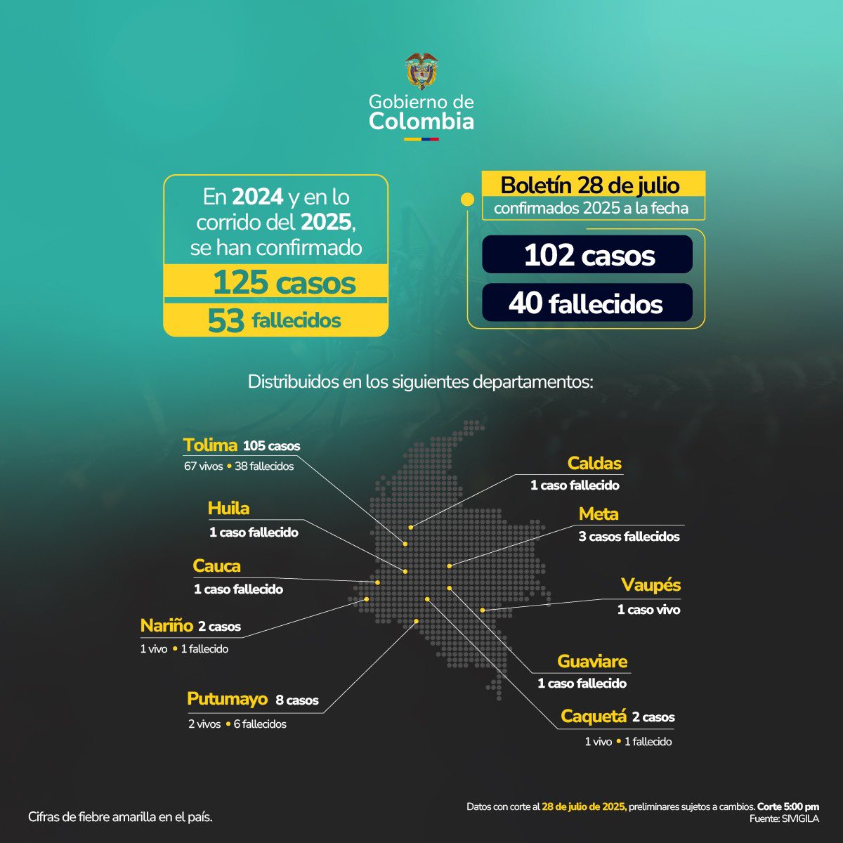#Atención | Este es el reporte con corte 28 de julio de casos de fiebre amarilla en #Colombia.

Entre 2024 y lo que va de 2025, se han registrado 125 casos, de los cuales 53 han fallecido, en los siguientes departamentos: Tolima, Huila, Cauca, Nariño, Putumayo, Caldas, Meta,