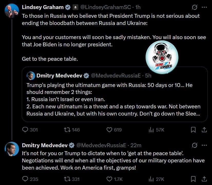 Fiel a su estilo MEDVÉDEV respondió a LINDSEY GRAHAM 

🛑No les corresponde a ustedes ni a TRUMP dictar cuándo 'sentarse a la mesa de la paz'.
🛑Las negociaciones terminarán cuando se hayan cumplido todos los objetivos de nuestra operación militar.
🛑¡Ocúpense primero de América,