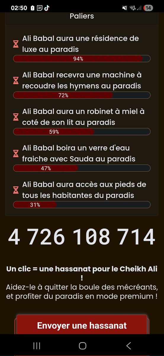 Tout le monde clique sur le hassanometre sur alibabal.fr pour que j'ai une place au paradis d'allah meilleure que celle du prophete Mohamed merci bien