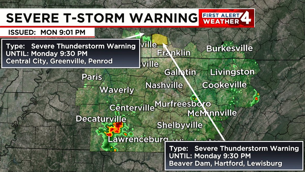 WSMV's tweet image. SEVERE THUNDERSTORM WARNING: 60mph+ wind gusts and/or 1" diameter hail or larger are possible in the highlighted area. Remain indoors & away from windows until this storm passes. Tune to WSMV NEWS4 for the latest on this dangerous storm. #FirstAlert