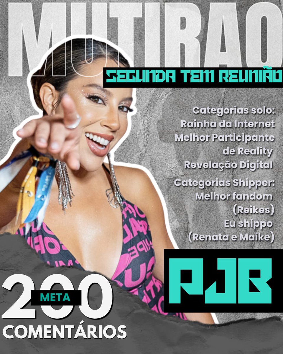 🚨MUTIRÃO PJB🚨

🗳️ A cada 5 votos deposite um emoji aqui.

⏰ ENCERRA ÀS 00:00hrs !

🚨 Votem bastante em todas as categorias em que a Renata e o Maike estão indicados.

🎯 META: 200 comentários 

🔗 band.com.br/entretenimento…