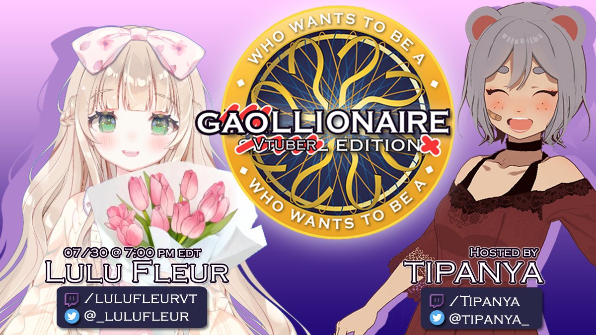 Tipanya ๐ป๐ฑ Vtuber (@tipanya_) on Twitter photo Surprise! ๐ You'll never *be-leaf* this one but tonight we have another "Who Wants to be a Gaollionaire" featuring <a href="/_lulufleur/">Lulu Fleur ๐๐ใENvtuberใ</a>! ๐๐
Will this florist sprout for the sun or will she land among the blooms? Either way, tune in & put your predictions starting at 7 PM EDT! ๐ Surprise! ๐ You'll never *be-leaf* this one but tonight we have another "Who Wants to be a Gaollionaire" featuring <a href="/_lulufleur/">Lulu Fleur ๐๐ใENvtuberใ</a>! ๐๐
Will this florist sprout for the sun or will she land among the blooms? Either way, tune in & put your predictions starting at 7 PM EDT! ๐