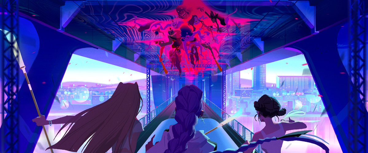 celinekim218's tweet image. Cheongdam bridge fight painting. I pitched for this very specific bridge because it has a freeway on the top and subway on the bottom. Offering perfect space for Huntr/x to fight demons in between!