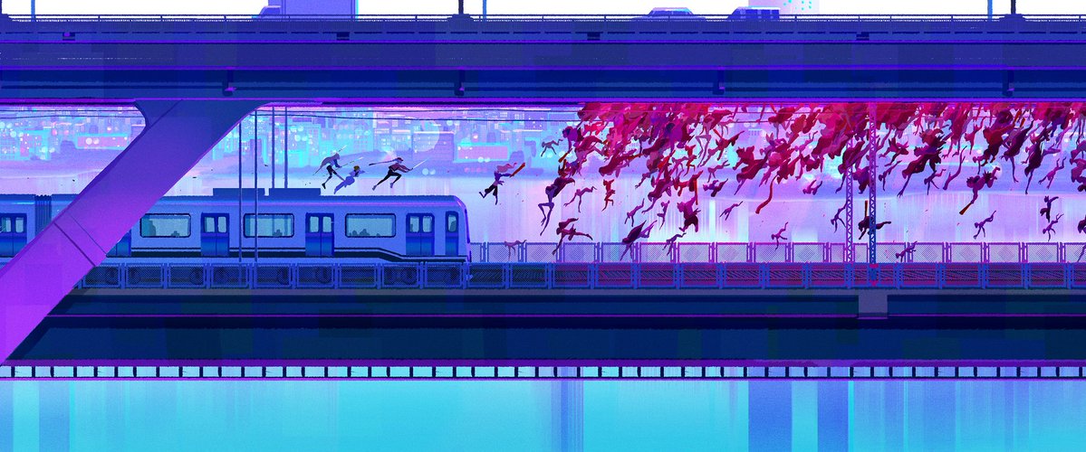 celinekim218's tweet image. Cheongdam bridge fight painting. I pitched for this very specific bridge because it has a freeway on the top and subway on the bottom. Offering perfect space for Huntr/x to fight demons in between!