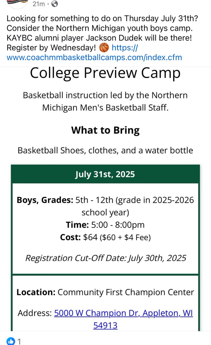 Kimberly basketball players- join former Maker, Jackson Dudek at this fun opportunity at the Champion Center!