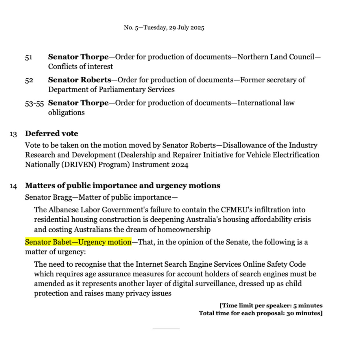 Senator Babet is set to introduce an urgency motion recognising that the Albanese Government is attempting to normalise forced online identification and mass surveillance of internet users—disguised as child protection.

The motion calls for the Online Safety Code for search