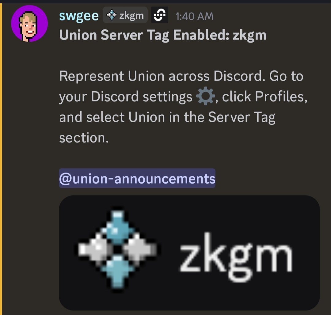surazlibro's tweet image. The moment we all have been waiting for is here. @union_build signature "zkgm" server tag is now on Discord.
Here's how you can set it:
1. Go to your profile and click on edit profile.
2. Scroll down and click on Server Tag.
3. Find Union and click on it. Save and done.