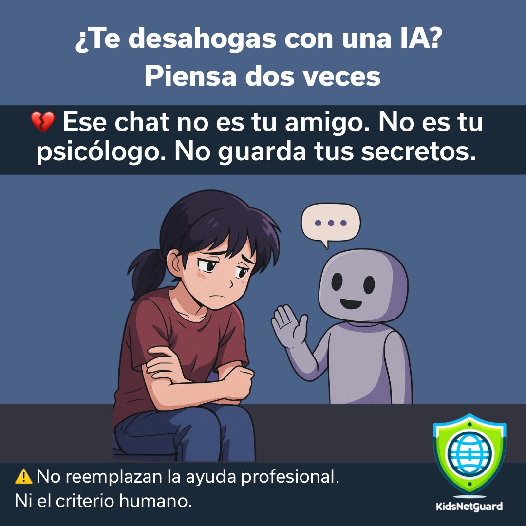 ¿Te desahogás con una IA? 🤖
No es tu terapeuta. No guarda tus secretos.

Lo que escribís puede registrarse y usarse.

🧠 Hablar es vital, pero con personas reales.

La tecnología no reemplaza el cuidado humano.
#IAConConciencia #SaludMentalDigital #KidsNetGuard