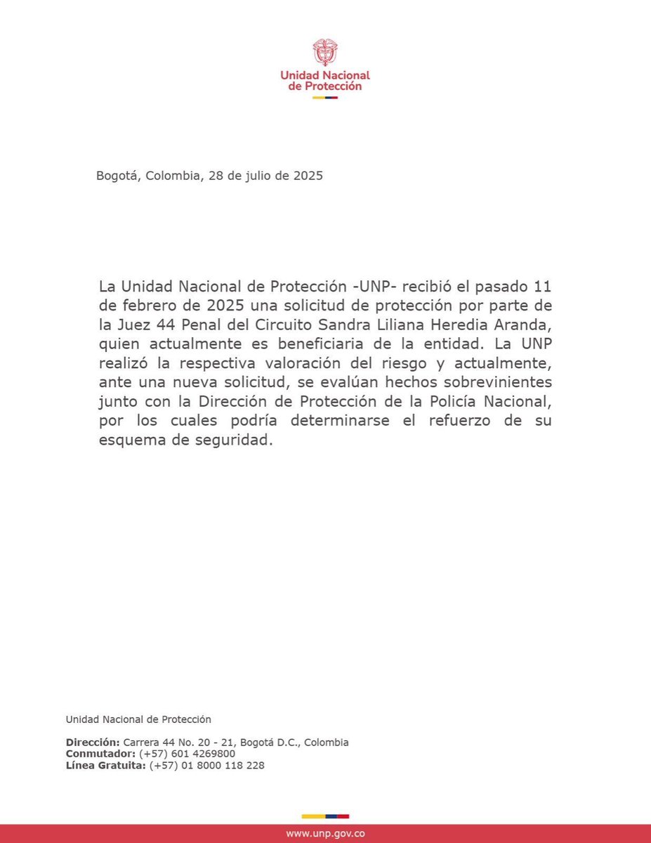 EltrinoCo's tweet image. #ATENCIÓN 🚨 | La Unidad Nacional de Protección (UNP) confirmó que la jueza Sandra Liliana Heredia, quien declaró culpable a Álvaro Uribe Vélez, cuenta con esquema de seguridad y se evalúa un refuerzo ante nuevos hechos de riesgo.
🔴 La justicia necesita garantías para proteger…