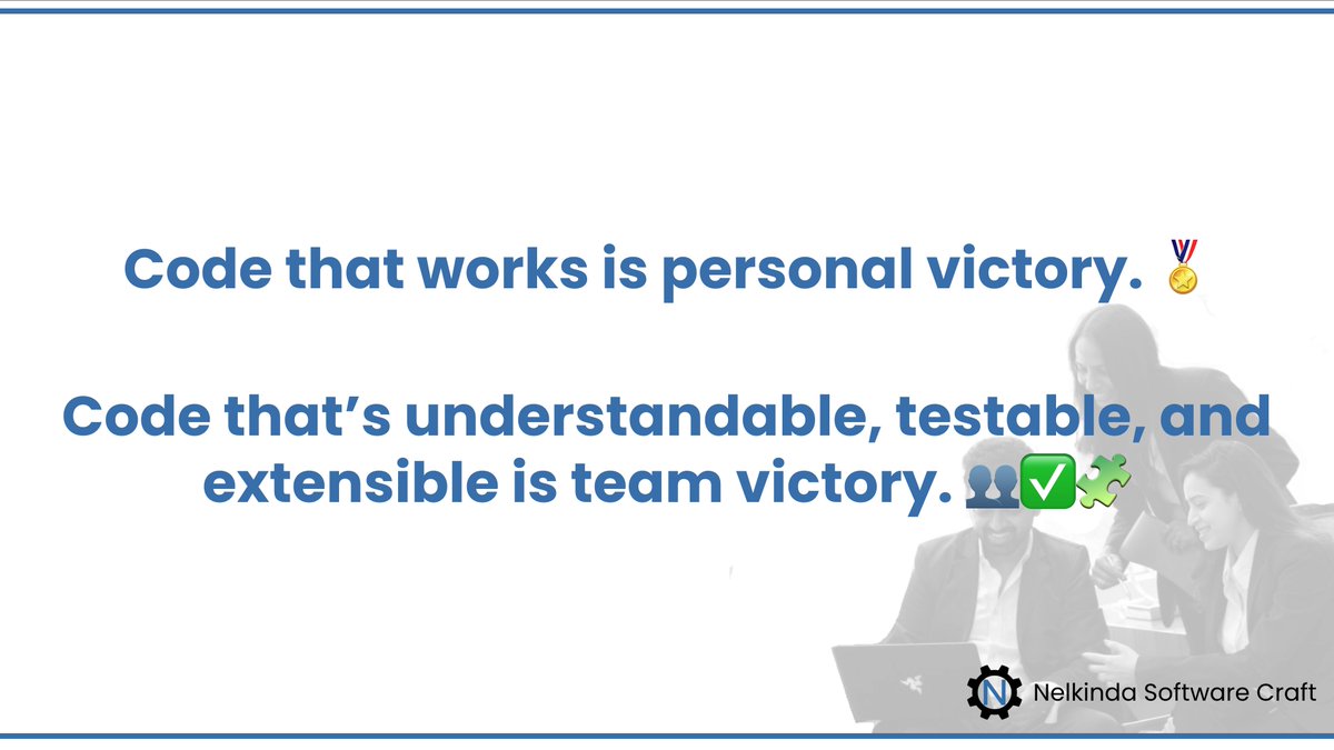 nelkinda's tweet image. Your code might work—but can your team understand and extend it without you? 🤔
Maintainable, testable code is not just good engineering—it's good teamwork. 🛠️🤝
#CleanCode #SoftwareCraftsmanship #TDD #XP #Teamwork