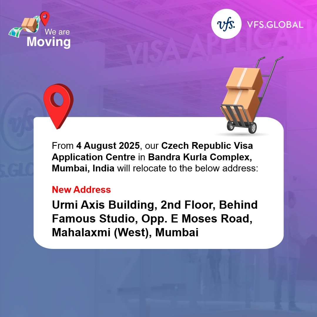 VFSGlobal's tweet image. We have an important update for Czech Republic visa applicants in Mumbai, India, about relocation of our visa application centre in Bandra Kurla Complex.
For more information, please visit: shorturl.at/V3NSd
#VisaServices