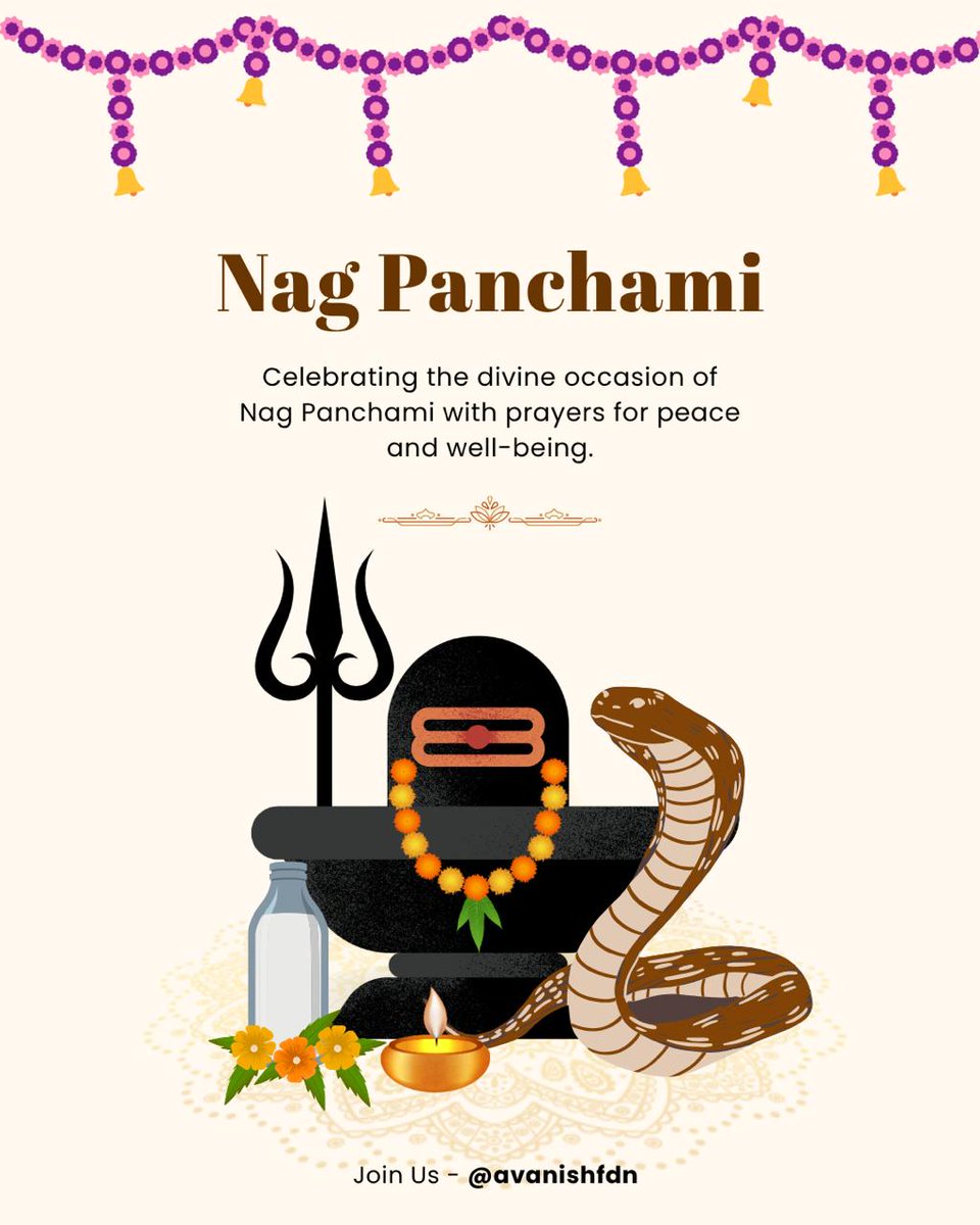 avanishfdn's tweet photo. 🌺 Happy Nag Panchami 🐍
May Lord Shiva and the Nag Devtas bless you and your family with prosperity, health, and protection from evil.

🌿✨ Let this holy day bring auspiciousness and good fortune into your life.

🔱 Har Har Mahadev!

#NagPanchami #avanishfdn #avanishfoundation https://t.co/sZ9kg3g56d