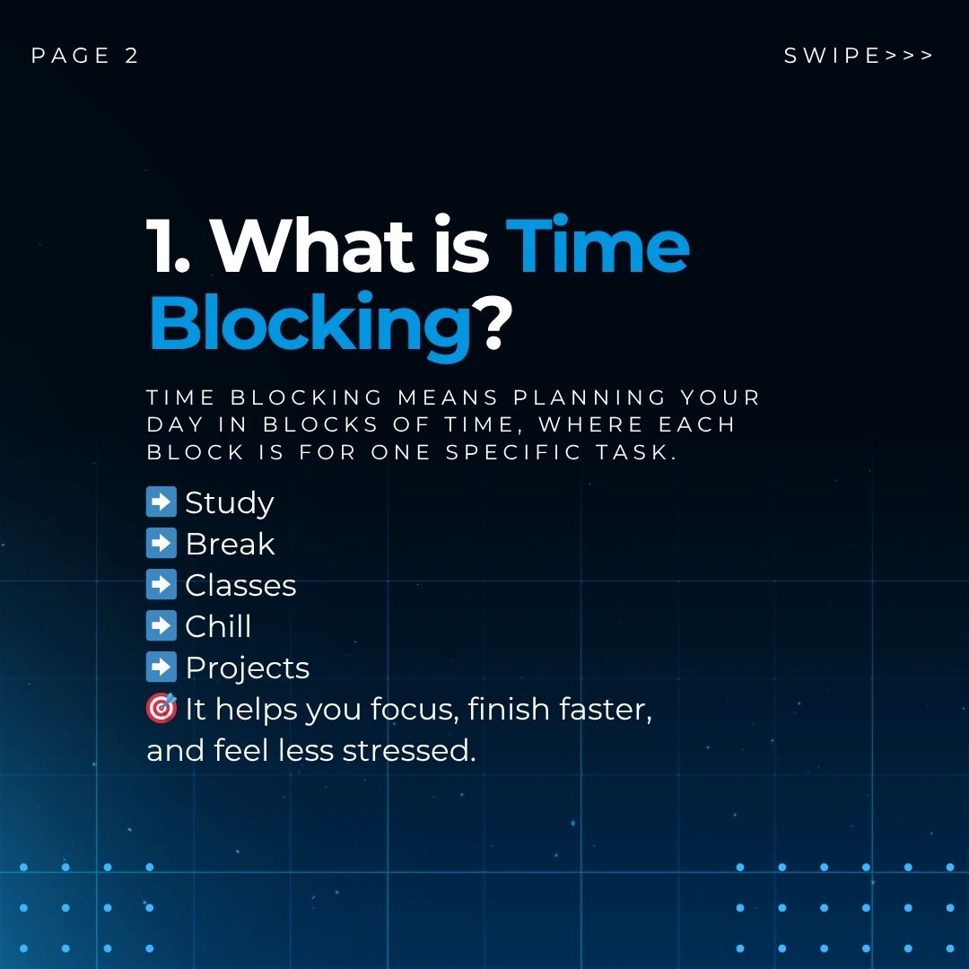 spacezeetech's tweet image. Want to stop wasting time?
Try time blocking.
Plan your day, one task at a time.
It helps you focus, get things done, and still have time to relax.

#TimeBlocking #StudentTips #StudyBetter #spacezee #skill++ #productdevelopment #skilldevelopment #careerdevelopment