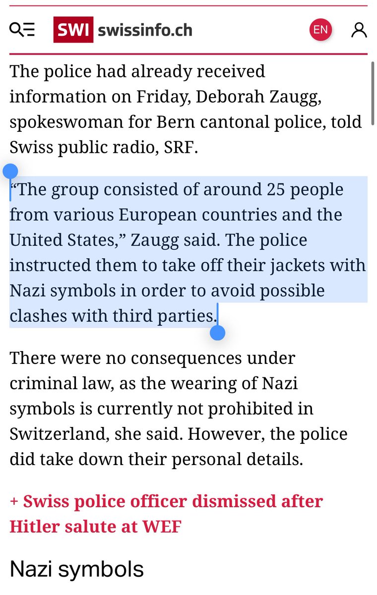 A group of 25 men in Nazi uniforms marched into Switzerland, were briefly questioned by police, and allowed to continue on their way. Good thing they didn’t say anything about Gaza, because that could have gotten them jailed and deported …