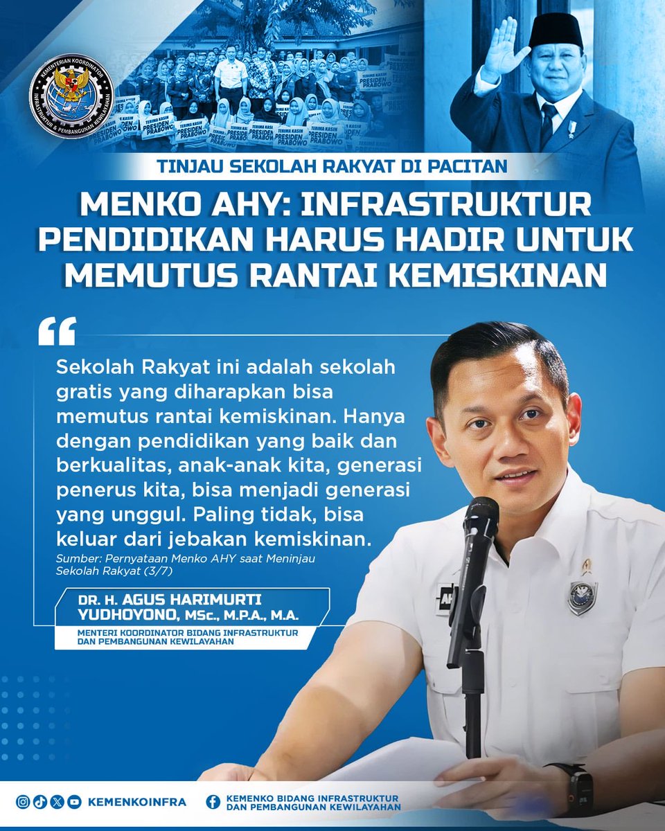 KemenkoInfra's tweet photo. Menteri Koordinator Bidang Infrastruktur dan Pembangunan Kewilayahan, Agus Harimurti Yudhoyono (AHY) @agusyudhoyono, beberapa waktu lalu meninjau progres pembangunan Sekolah Rakyat di Pacitan, Jawa Timur, sebagai bagian dari upaya menghadirkan infrastruktur pendidikan yang berkeadilan.

Melalui program ini, pemerintah ingin memperluas akses pendidikan berkualitas bagi masyarakat kurang mampu. Sekolah Rakyat di Pacitan dirancang sebagai sekolah berasrama yang akan menampung 100 siswa, dengan fasilitas lengkap seperti ruang kelas, laboratorium, perpustakaan, dan asrama.

Menko AHY menekankan pentingnya pendidikan sebagai fondasi dalam memutus rantai kemiskinan dan membangun generasi unggul masa depan.

#KemenkoInfra
#MenkoAHY
#KemenkoInfrastruktur
#InfrastrukturUntukSemua
#MemperkuatInfrastruktur
