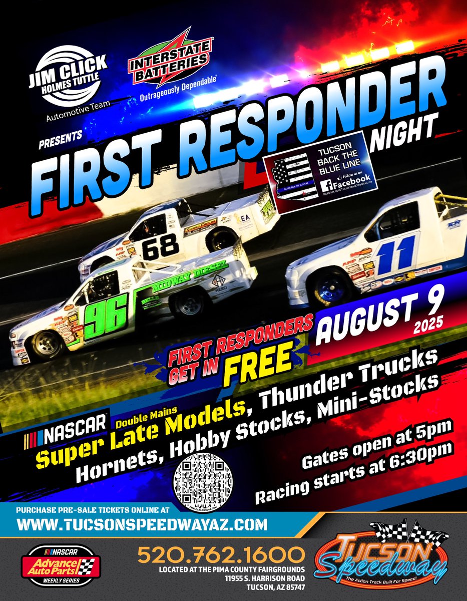 August 9th is First Responder Night at Tucson Speedway!

1st responders get free entry as a thanks for their service to our community. Show up at the box office with appropriate ID and enjoy a night packed full of short track racing action!

Tickets: myracepass.com/tracks/3367/ti…