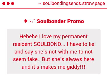 sb_sends's tweet image. Awww! Don't worry, anon, having permanent resident soulbonds doesn't make you fake at all. I know many a soulbonder, of all kinds, with permanent residents. It's not that unusual.
I'm very glad she makes you so happy & giddy.
