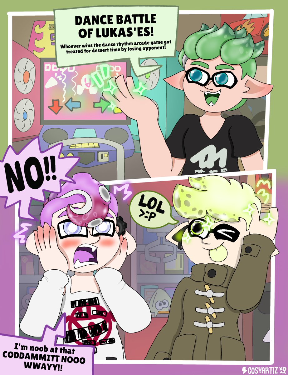26th attack! This is the most complicated but hilarious!
Dance battle of LUKAS'ES, who will win the "best Lukas" title? 🪩👊🏻
For <a href="/oto_ga_Splatoon/">oto_ga</a> feat. Lukas and Mino (with my OC Lukas collab!)

#cosyartiz #artfight #artfight2025 #TEAMCRYSTALS #splatoon #splatoonart #splatoonoc