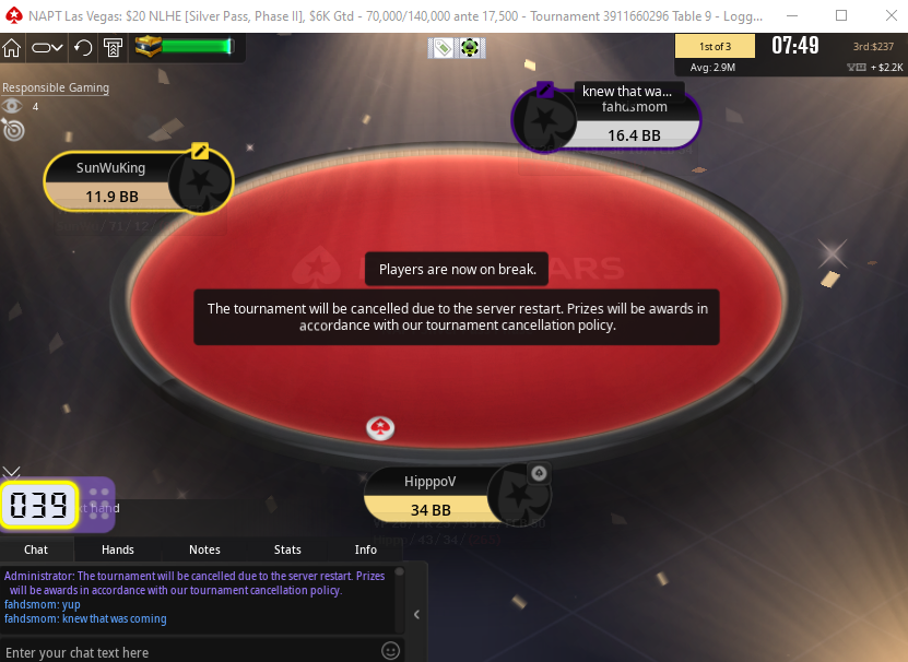 actually robbed of a $5000+ NAPT Vegas package...chipleader with 3 left, they cancel the tournament and give me $2600 instead <a href="/StarsSupport/">PokerStars Support</a> <a href="/PokerStars/">PokerStars</a>