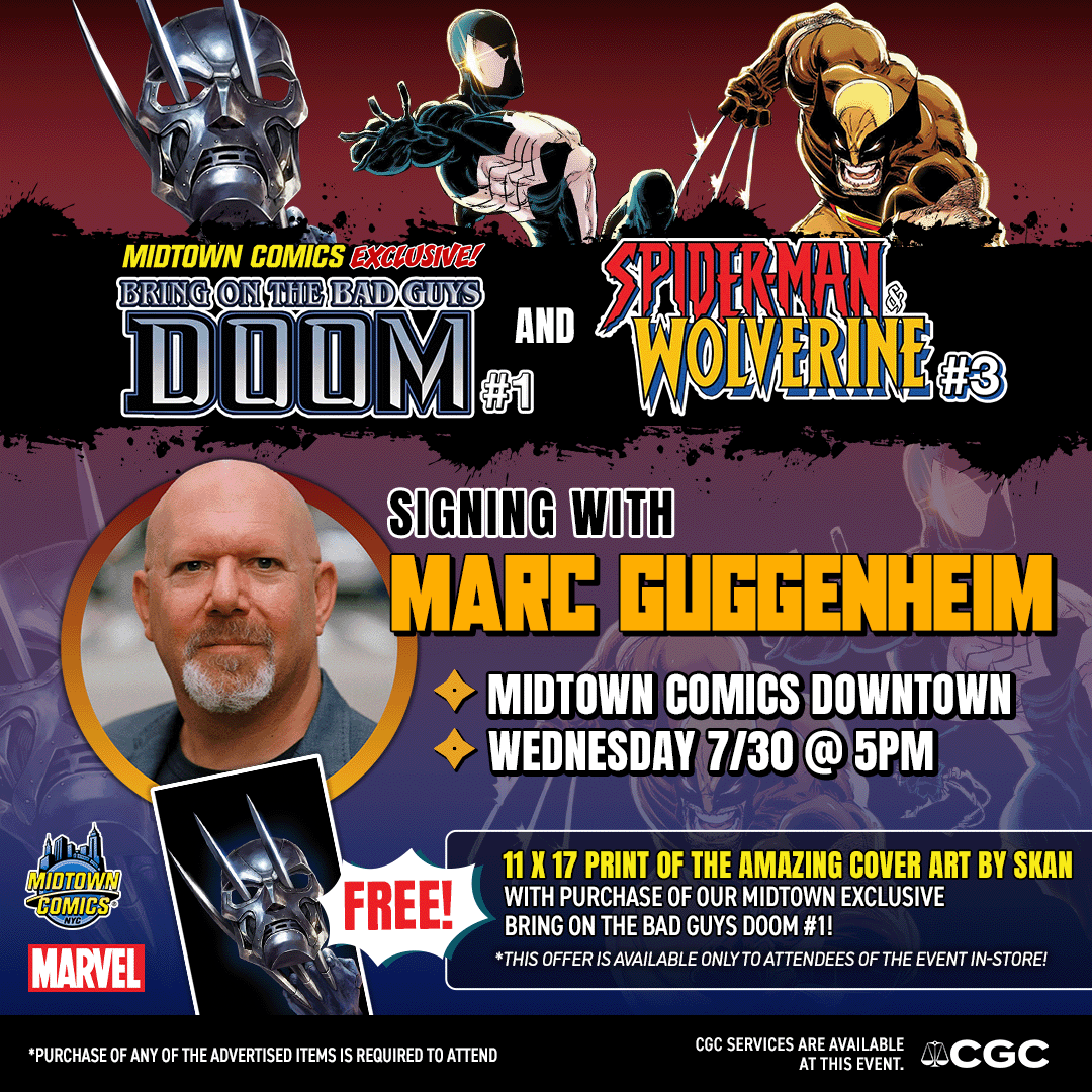 MidtownComics's tweet photo. Swing into the summer season with a BLOCKBUSTER signing with @Mguggenheim!

✨#FREE PRINT of Midtown Comics Exclusive #Skan cover for Bring on the Bad Guys Doom #1 for every attendee!
✨DETAILS: https://t.co/k2xYrqtqVl

#comicbooksigning #booksigning #NYCevent #comicbookshop https://t.co/snv75INOiN