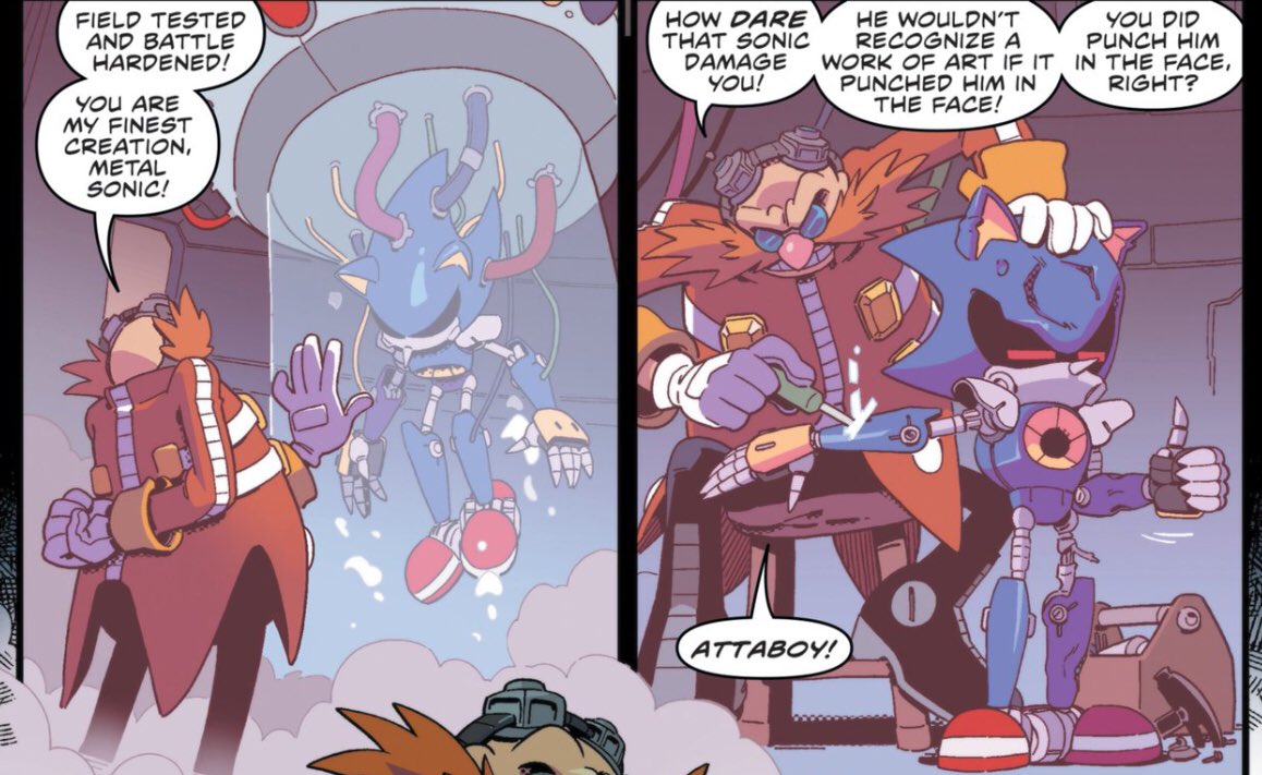 spookishadow's tweet image. it makes me want to cry every time people try to use this as proof that eggman loves metal sonic
he isn't complimenting metal, he's complimenting himself for making metal. he views metal's accomplishments as his own, but will blame metal for metal's failures. GET AWAY FROM HIM๐