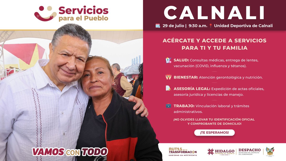 📍Mañana las #RutasDeLaTransformación visitan #Calnali.

Atenciones médicas, orientaciones jurídicas y apoyos sociales, estarán al alcance de todas y todos a través de los #ServiciosParaElPueblo. 

¡Ahí nos vemos! 

#PrimeroElPueblo