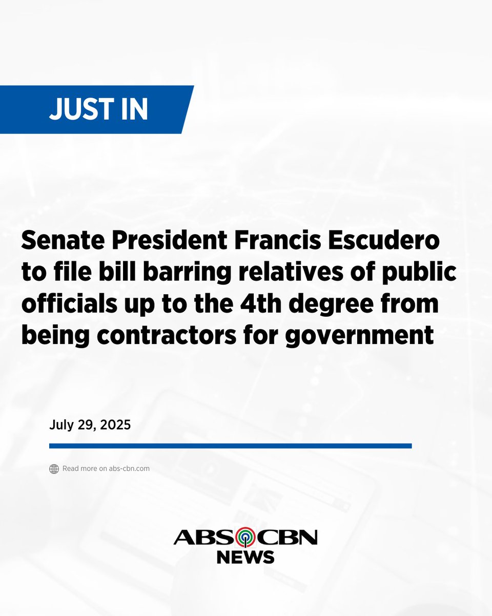 ABS-CBN News (@abscbnnews) on Twitter photo Senate President Francis Escudero to file bill barring relatives of public officials up to the 4th degree from being contractors for government. | via <a href="/RG_Cruz12479/">RG Cruz, ABS-CBN News</a> Senate President Francis Escudero to file bill barring relatives of public officials up to the 4th degree from being contractors for government. | via <a href="/RG_Cruz12479/">RG Cruz, ABS-CBN News</a>