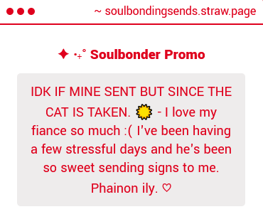 sb_sends's tweet image. From βοΈ-
Sorry to hear you've been stressed out, sun anon, but I'm glad your soulbond fiance is there for you and being so sweet.