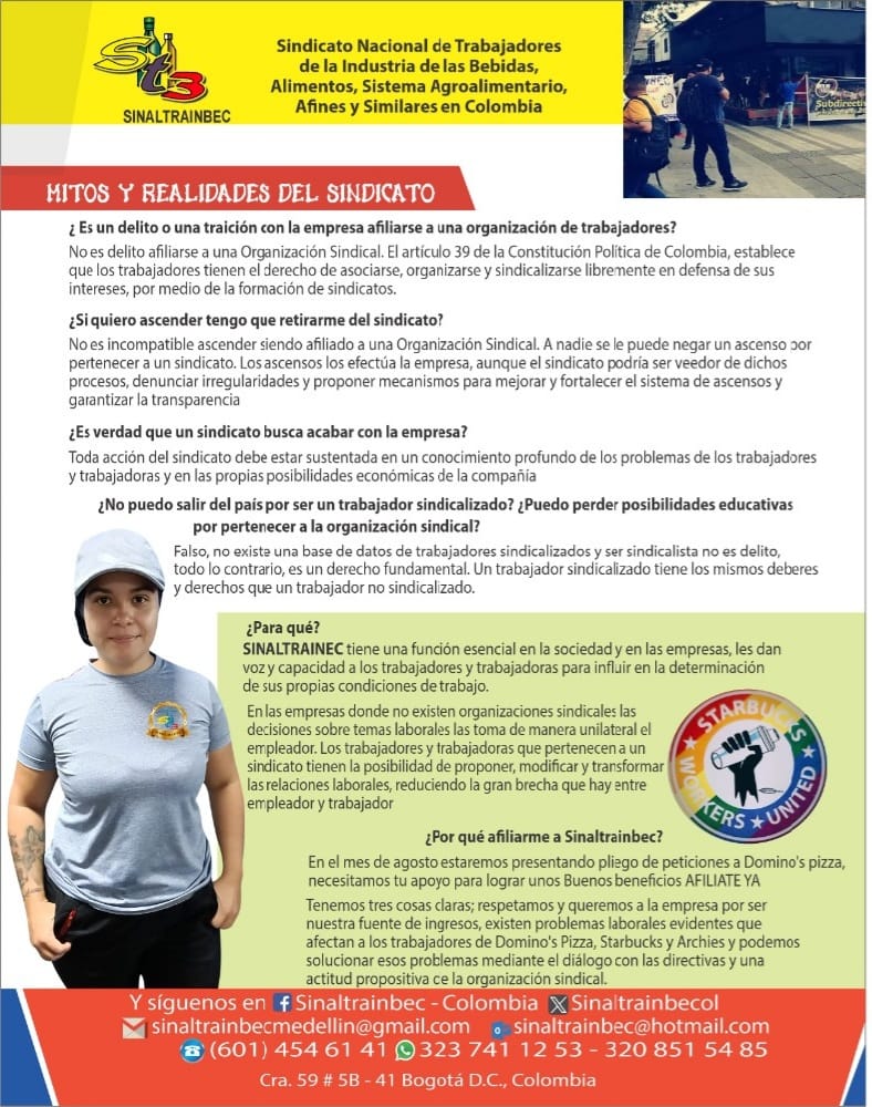 Sinaltrainbec_'s tweet photo. ¿Afiliarte a un sindicato es traición? 🚨
NO. Es tu derecho y tu fuerza para defender condiciones de trabajo justas.
Este agosto en Domino’s Pizza, Starbucks y Archies abrimos afiliación:
¡Organízate y exige lo que mereces! ✊🏽
#MitosYSindicato #Sinaltrainbec #UnidadYFuerza https://t.co/52tmcF61KZ
