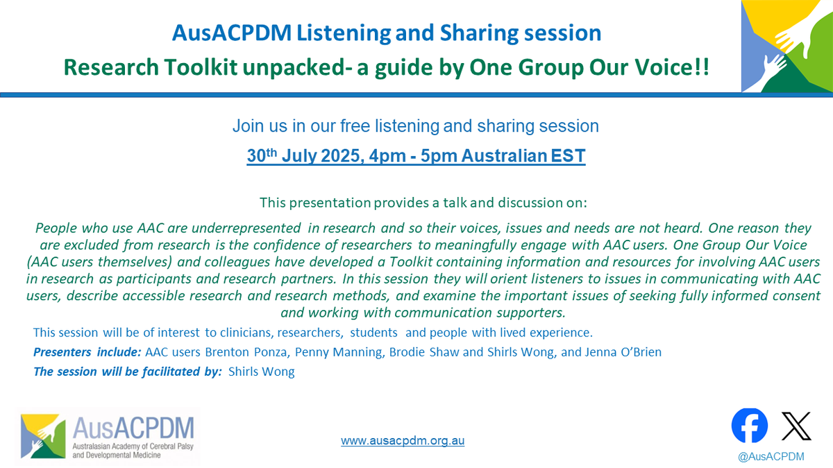 CP-Achieve (@cpachieve) on Twitter photo Don’t forget to register for the next AusACPDM Listening & Sharing session!
Our team will be presenting “Research Toolkit unpacked – a guide by One Group Our Voice.”
📅 30 July 2025
⏰ 4–5pm AEST
💻 Free & online
🔗 Register: ausacpdm.org.au/30th-july-list… Don’t forget to register for the next AusACPDM Listening & Sharing session!
Our team will be presenting “Research Toolkit unpacked – a guide by One Group Our Voice.”
📅 30 July 2025
⏰ 4–5pm AEST
💻 Free & online
🔗 Register: ausacpdm.org.au/30th-july-list…