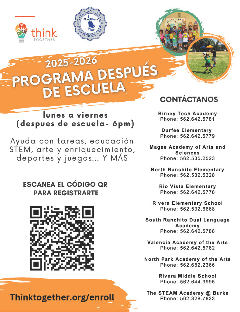 STEAM Parents!

Be sure to check out the Think Together flyer for details on our amazing after school program! 🧠✨
Representatives from Think Together will also be at Registration next week—stop by their table in front of the Boy's Locker Room!