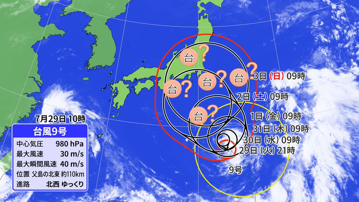 何度でも言いますが

台風の予報円が大きいというのは「台風が巨大化しながら来る」という意味では全くありません。
「台風がその円の中のどこかに行くけど、どこに行くかは分からん」という意味です。