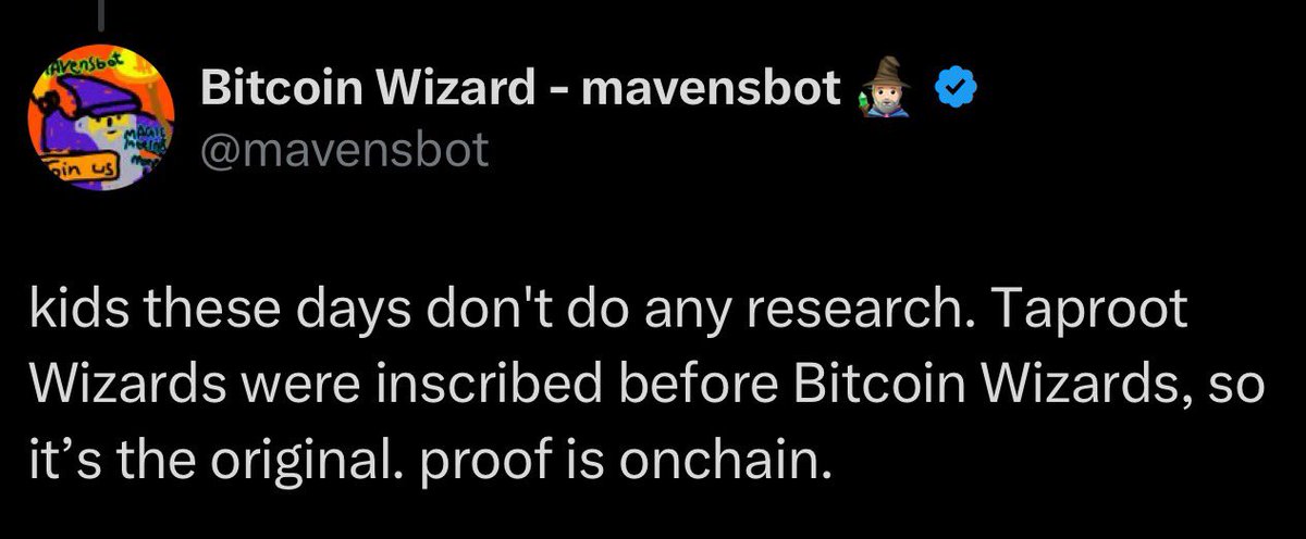 people asked me what i think about <a href="/mavensbot/">Bitcoin Wizard - mavensbot 🧙🏻‍♂️</a> inscribing his own wizards collection

i think it’s great, i love mavensbot and the wizard meme, they helped introduce me to bitcoin 12 years ago

that’s why i’ve been harassing him since 2022 to make a wizard collection, then built