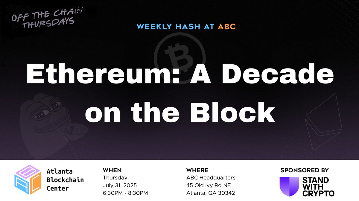 This Thursday at the Atlanta Blockchain Center, we’re celebrating Ethereum’s 10th birthday! 🥳 On July 30th, it will officially be a decade since Ethereum launched and forever changed the blockchain landscape. From smart contracts to DeFi, NFTs, and the rise of Web3, Ethereum has