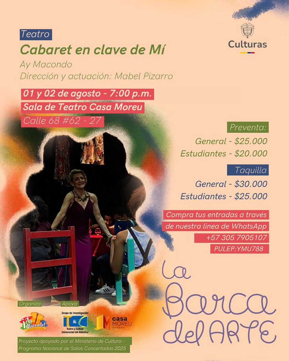 Una actriz abre su archivo personal tras más de 35 años de oficio, jugando con la memoria y los personajes que ha creado a lo largo de su carrera.

🗓️ 1 - 2 de agosto 🕖 7:00 p.m. 📍 Sala Casa Moreu – Calle 68 #62-27
 📲 Compra en el WhatsApp +57 305 7905107