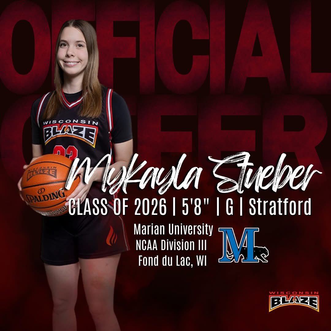 WisconsinBlaze's tweet image. Congrats to Mykayla Steuber(Class of 2026 | Stratford | 5’8 | G) on receiving an official offer to continue her athletic career at NCAA Division III Marian University! Thank you to all of the coaches and staff at Marian for the offer #BeTheFlame🔥🏀@MarianWBB @MyKaylaStueber