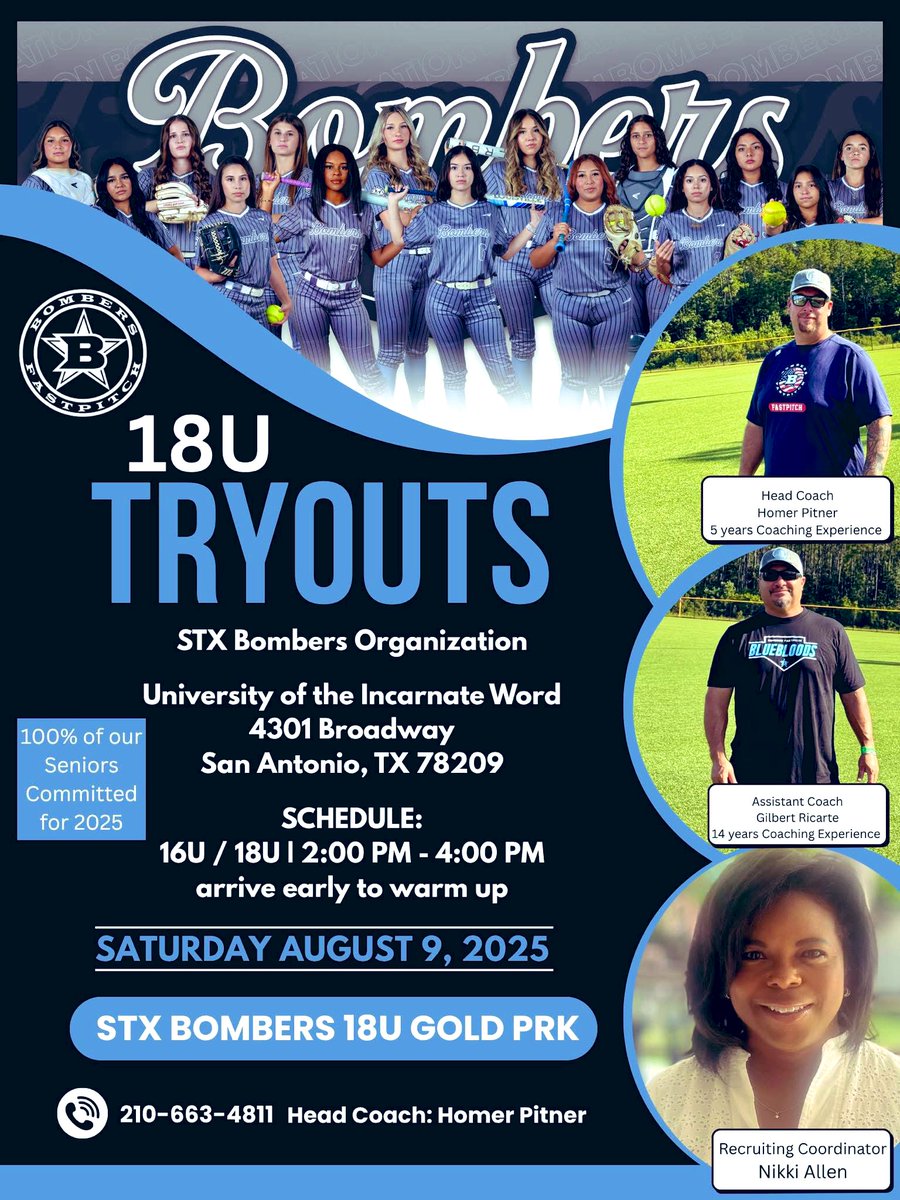 STX Bombers 18U Gold PRK (@bomberstx18u) on Twitter photo BOMBERS TRYOUTS 💣
PRK is sending 7 seniors to play college ball. Looking for ALL positions to play on a team highly focused on recruitment! If interested, register for tryouts and DM <a href="/CoachHomerPRK/">Coach Homer Pitner</a> with any questions!
register.ryzer.com/camp.cfm?sport…
<a href="/SoftballDown/">Down South Softball</a> <a href="/CoastRecruitsSB/">Coast Recruits 🥎</a> BOMBERS TRYOUTS 💣
PRK is sending 7 seniors to play college ball. Looking for ALL positions to play on a team highly focused on recruitment! If interested, register for tryouts and DM <a href="/CoachHomerPRK/">Coach Homer Pitner</a> with any questions!
register.ryzer.com/camp.cfm?sport…
<a href="/SoftballDown/">Down South Softball</a> <a href="/CoastRecruitsSB/">Coast Recruits 🥎</a>