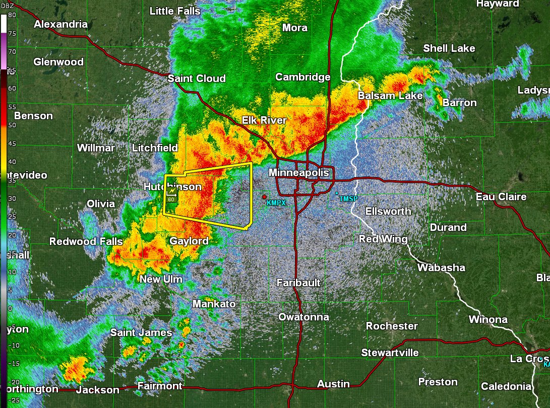 9:30PM Update: The line has strengthened, prompting a severe thunderstorm warning just west of the Twin Cities metro. The northern portion of the line is also producing strong winds and heavy rain. #mnwx #wiwx