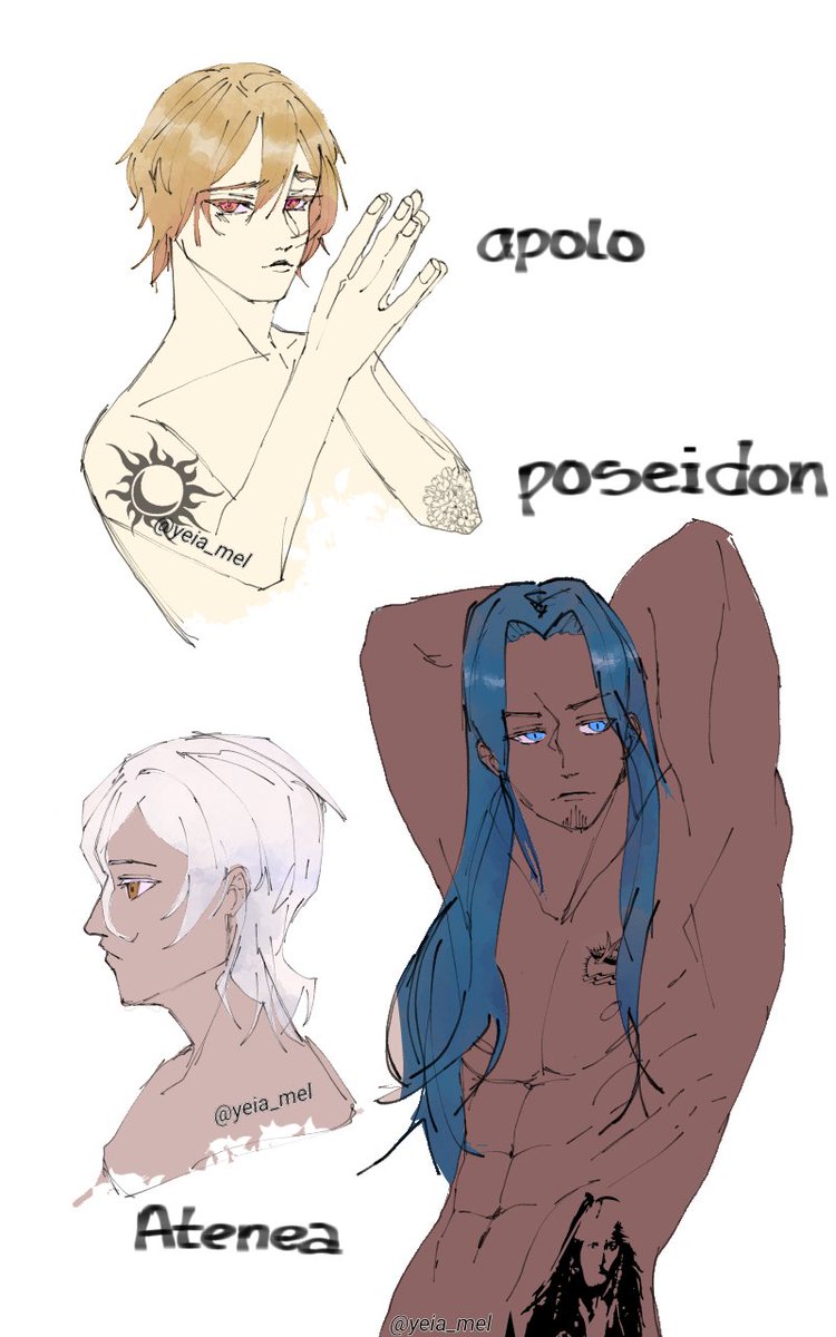 Yeia_Mel's tweet photo. Algunos conceptos de personaje de los dioses de epic Los tatuajes fue algo q surgio por pinterest. Poseidon siento que tendria mas tatuajes, nose le siento esas vibes. El tatuaje de jack sparrow se me iso gracioso asi q se lo puse 😁😁😁.
#epicthemusicalfanart #poseidonfanart https://t.co/CFiNgHC0L7
