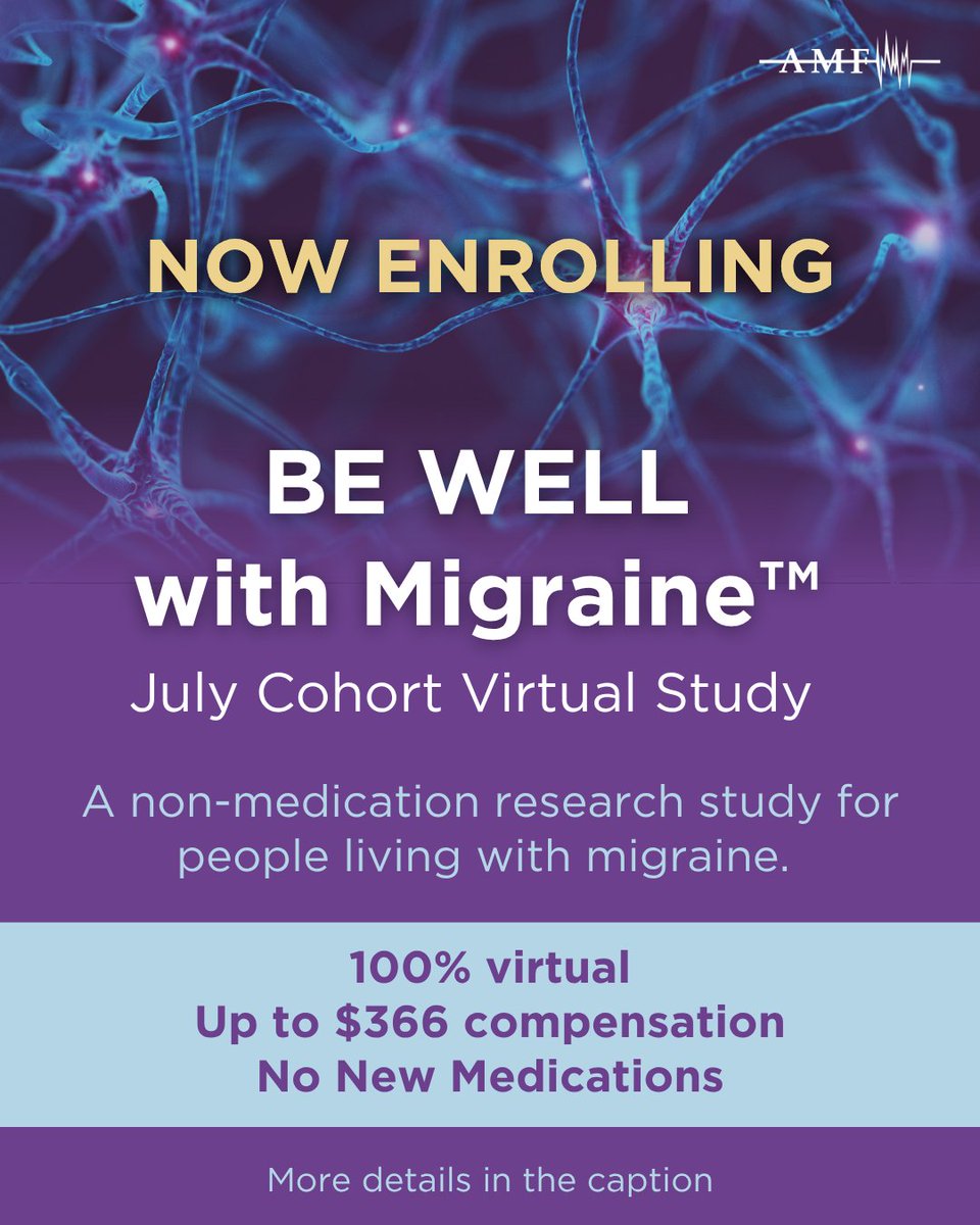 American Migraine Foundation (@amfmigraine) on Twitter photo 📣 Now Enrolling: BE WELL with Migraine™ Study—a virtual, wellness-based, non-medication program for people living with migraine.
✅ Up to $366
✅ Keep your current treatment
✅ 8 weekly online group sessions
🔗 Complete screening: redcap.link/BEWELL
<a href="/wakeforestmed/">Wake Forest University School of Medicine</a> 📣 Now Enrolling: BE WELL with Migraine™ Study—a virtual, wellness-based, non-medication program for people living with migraine.
✅ Up to $366
✅ Keep your current treatment
✅ 8 weekly online group sessions
🔗 Complete screening: redcap.link/BEWELL
<a href="/wakeforestmed/">Wake Forest University School of Medicine</a>