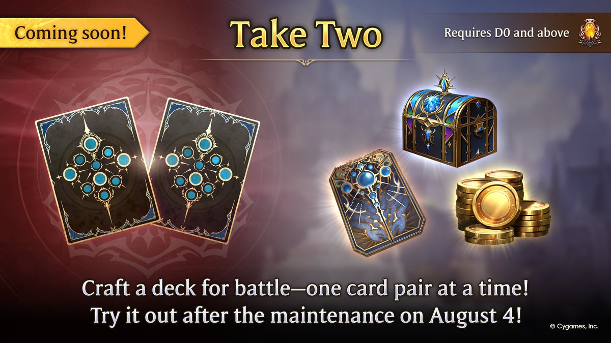 It’s almost here—Take Two arrives in Worlds Beyond with the update on August 4 (PT)! 

To participate, you’ll need to be ranked D0 or higher. Stay tuned for more details! 👀 

#ShadowverseWB
